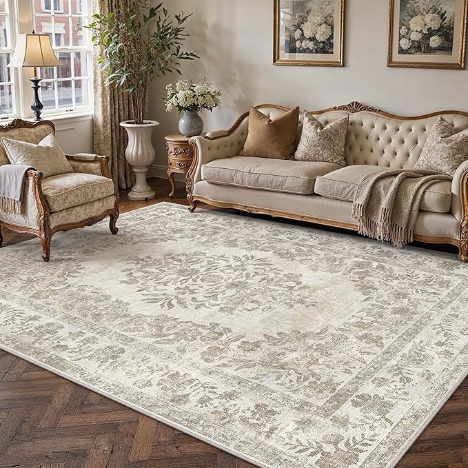 5x7 Area Rug Beige Washable Vintage Distressed Living Room Carpet Large Bedroom by PureCozy