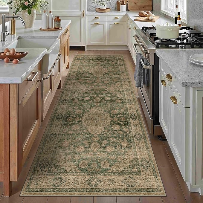 HUGEAR 3x10 Runner Rug Hallway Machine Washable Retro Green Vintage Floral Low - Image 3