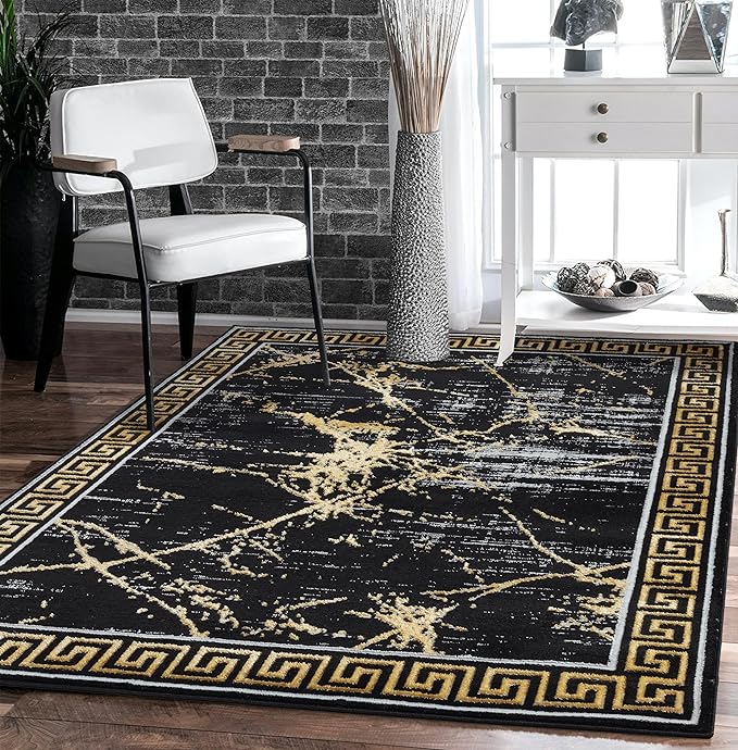 GLORY RUGS Area Rugs Marble 2x7 Black Gold Carpet Modern Abstract Rug Living by GLORYRUGS