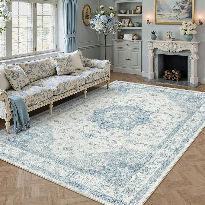 Blue Area Rug 6x9 Washable Vintage Carpet by PureCozy