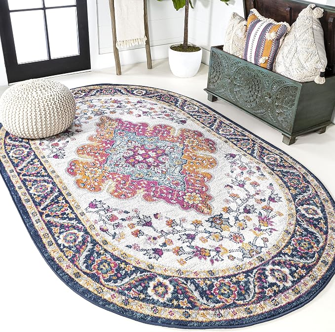 JONATHAN Y Boho Vintage Blue/Multi 4x6 Oval Area Rug, Bohemian Flair Medallion by JONATHANY