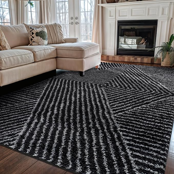 Rugshop Geometric Diamond Stripe Shag Area Rug Anthracite Dark Gray 5' x 7' by Rugshop
