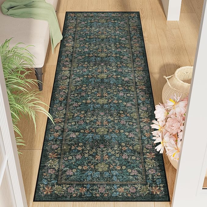 DUKINO 2x6 Runner Rug for Hallway, Washable Vintage Floral Kitchen Rug by DUKINO