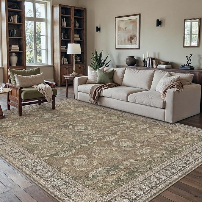 8x10 Brown Area Rug for Living Room Washable Vintage Distressed Carpet Large - Image 3