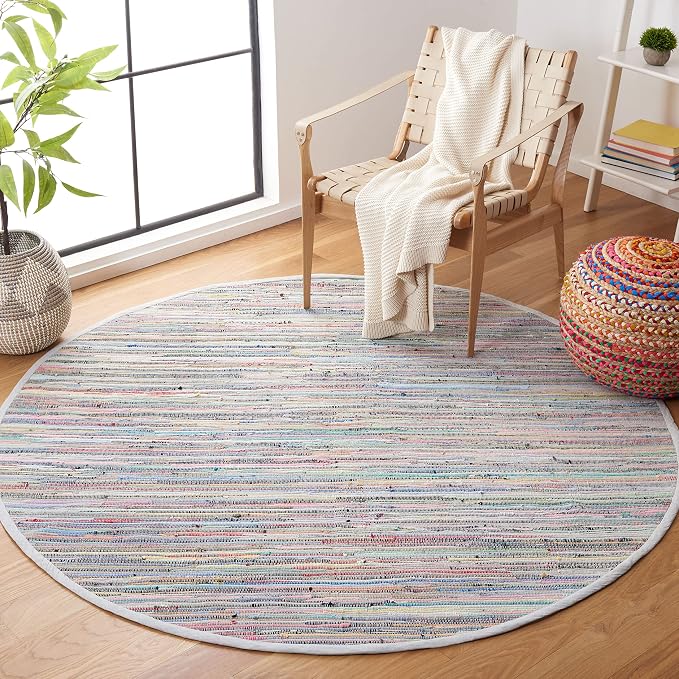 SAFAVIEH Rag Rug Collection 4' Round Grey/Multi RAR121M Handmade Boho Stripe by SAFAVIEH