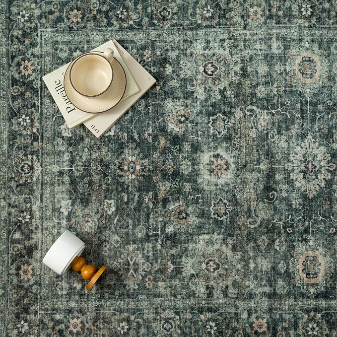 6x9 Washable Area Rug for Living Room Bedroom Green Vintage Distressed Rustic - Image 8