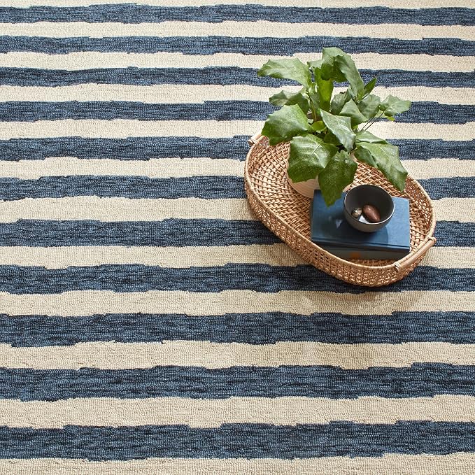 Dash & Albert Silas Stripe Navy Hand Micro Hooked Wool Rug, 5 X 8 Feet - Image 2