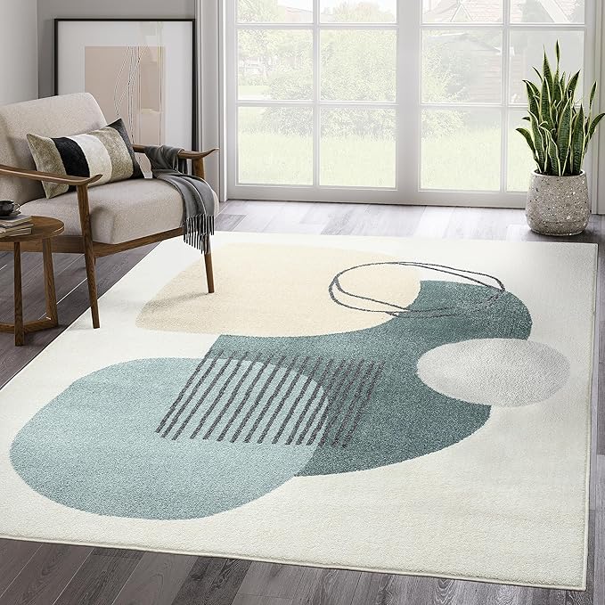 Abani Deco Collection Area Rug -Cream/Green Minimalist Design -5'3" x 7'6" by Abani