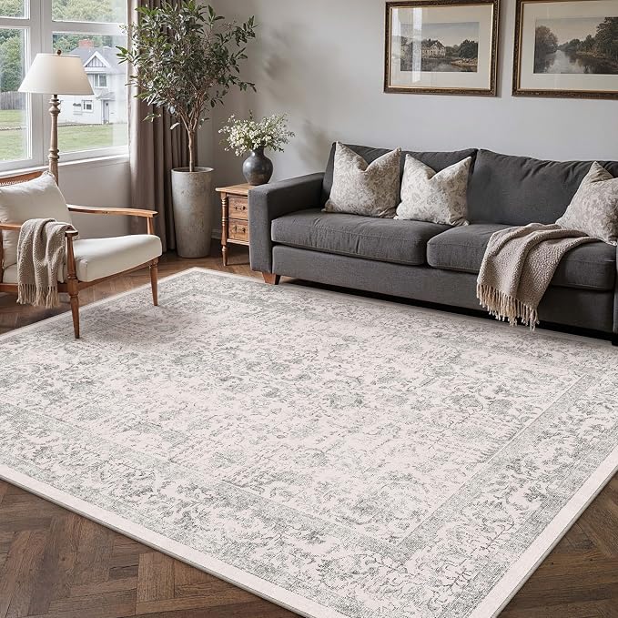 Gray Area Rug 5x7 Machine Washable Vintage Living Room Distressed Non Slip by PureCozy