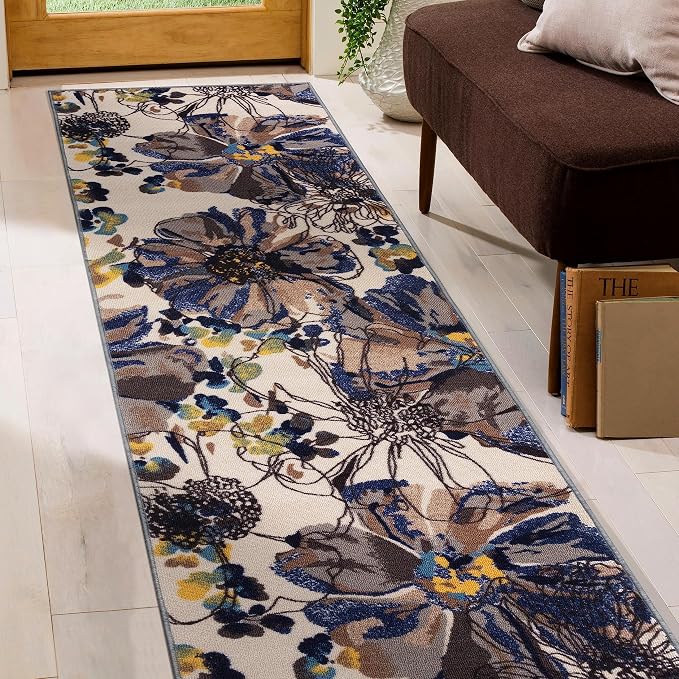 Rugshop Cream Bright Flowers Non Slip Non-Shedding Runner Rug - Image 9