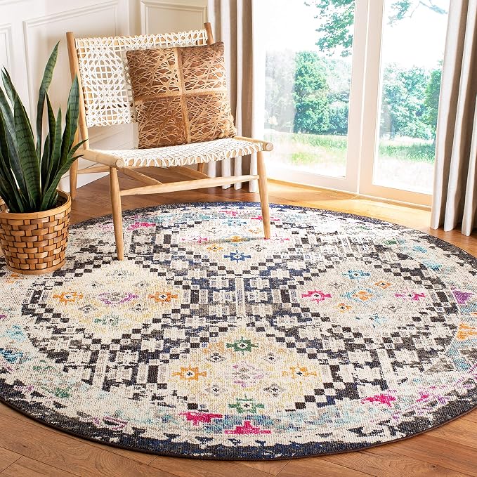 SAFAVIEH Madison Collection 3' Round Black / Yellow MAD418Z Boho Diamond by SAFAVIEH