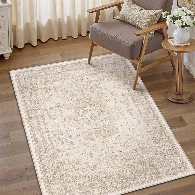 Entryway Area Rug 3x5 Washable Beige Vintage Distressed Carpet Oriental Soft - Image 5