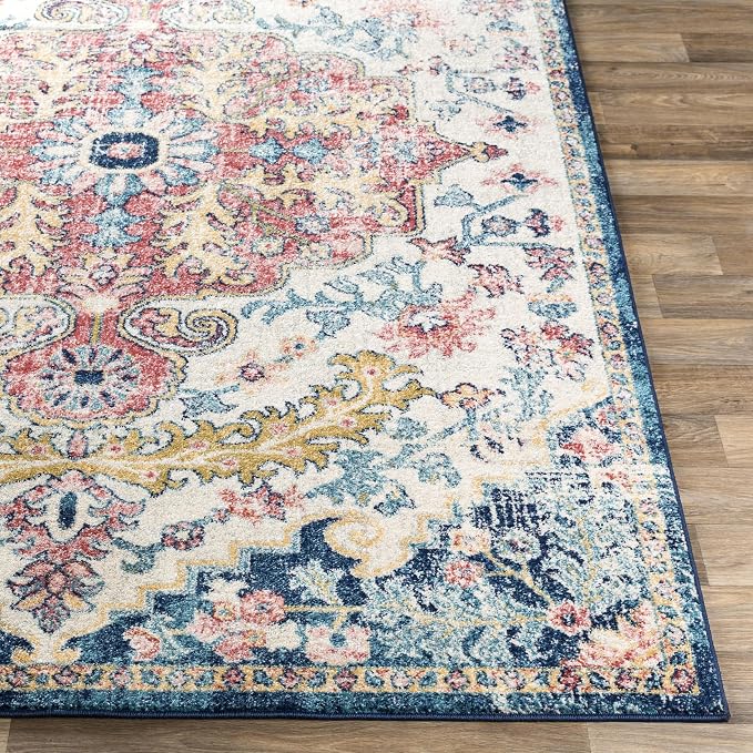 Livabliss Area Rugs - 5ft Round Odelia Vintage Boho Aqua Burgandy Blue Round - Image 3