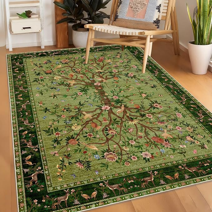 Green Area Rug 3x5 Washable, Non-Slip Small Rug Carpet, Floral Boho Low Pile by TANVILL