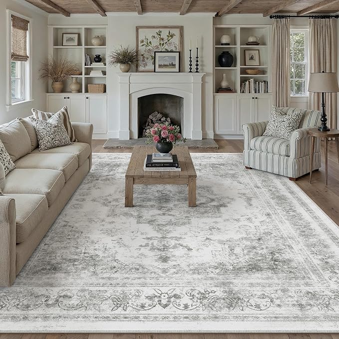 Washable Rug 9x12 Area Rug for Living Room Gray Vintage Boho Medallion Large - Image 5