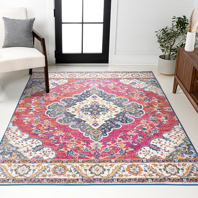 JONATHAN Y Boho Vintage Fuchsia/White Indoor Area Rug, Bohemian Flair Medallion by JONATHANY