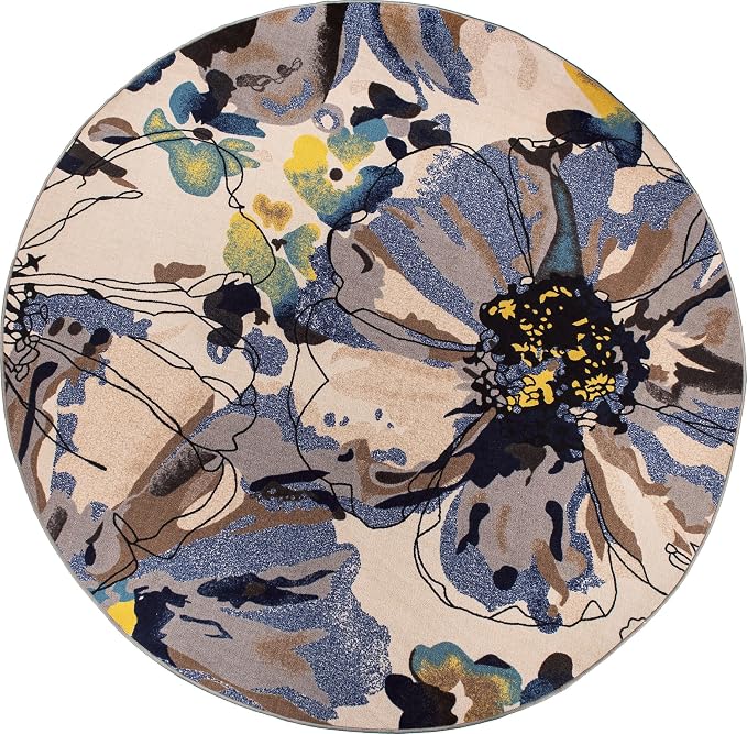 Rugshop Cream Bright Flowers Non Slip Non-Shedding Round Area Rug - Image 2