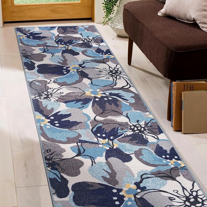 Rugshop Modern Large Floral Non-Slip Area Rug Runner 2' X 7' Gray-Blue - Image 7