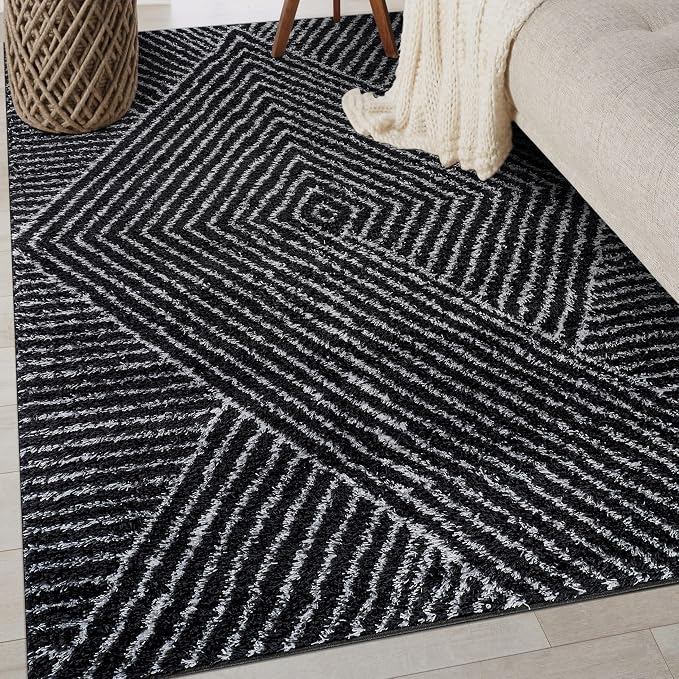 Rugshop Geometric Diamond Stripe Shag Area Rug Anthracite Dark Gray 4' x 6' - Image 8