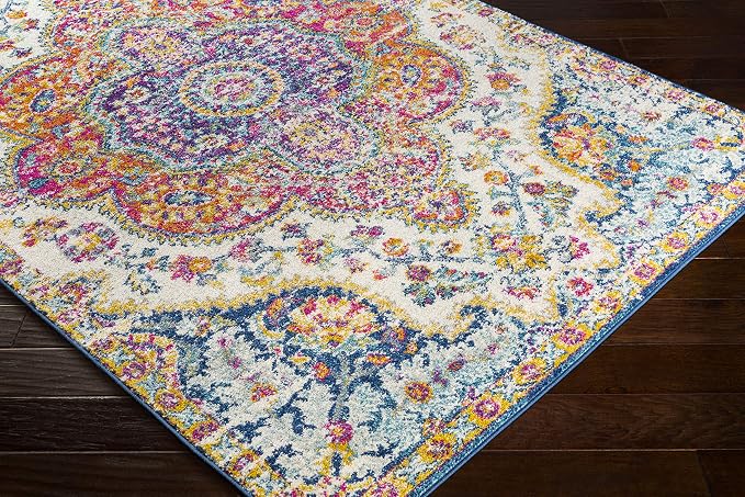 Livabliss Area Rugs - 8ft Round Romaine Vintage Boho Fuchsia Mustard Blue Round - Image 7