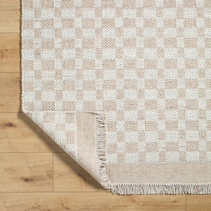Mark&Day Wool Rugs, 4x6 Clinten Solid and Border Tan Checkered Rug, Tan Ivory - Image 5