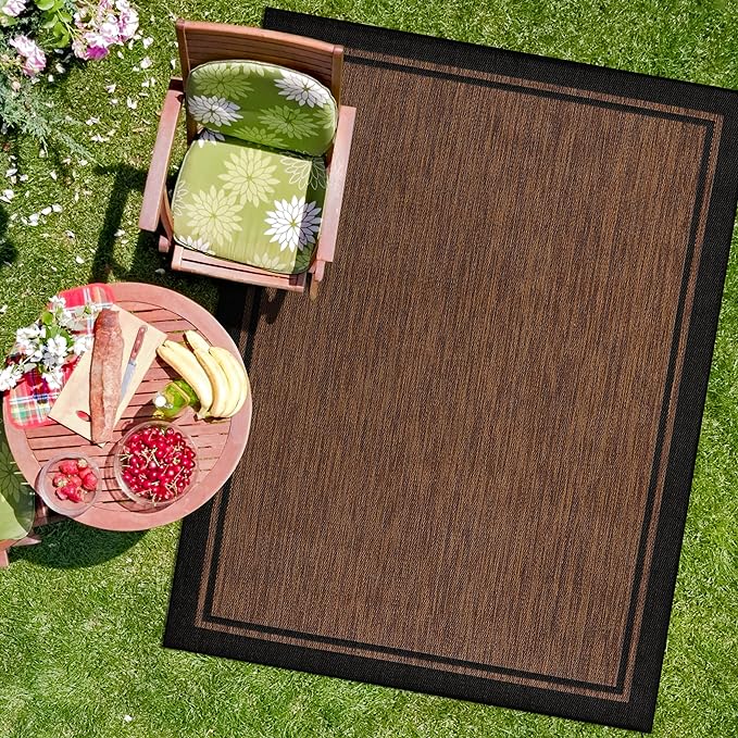 CAMILSON Indoor Outdoor Rug, 6x9 Bordered Nut Brown Black Modern Area Rugs by CAMILSONIndoorOutdoorAreaRugs