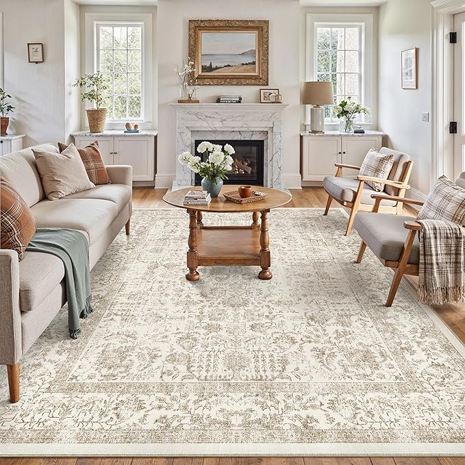 Light Brown Area Rug 8x10 Machine Washable Large Vintage Living Room Distressed by PureCozy