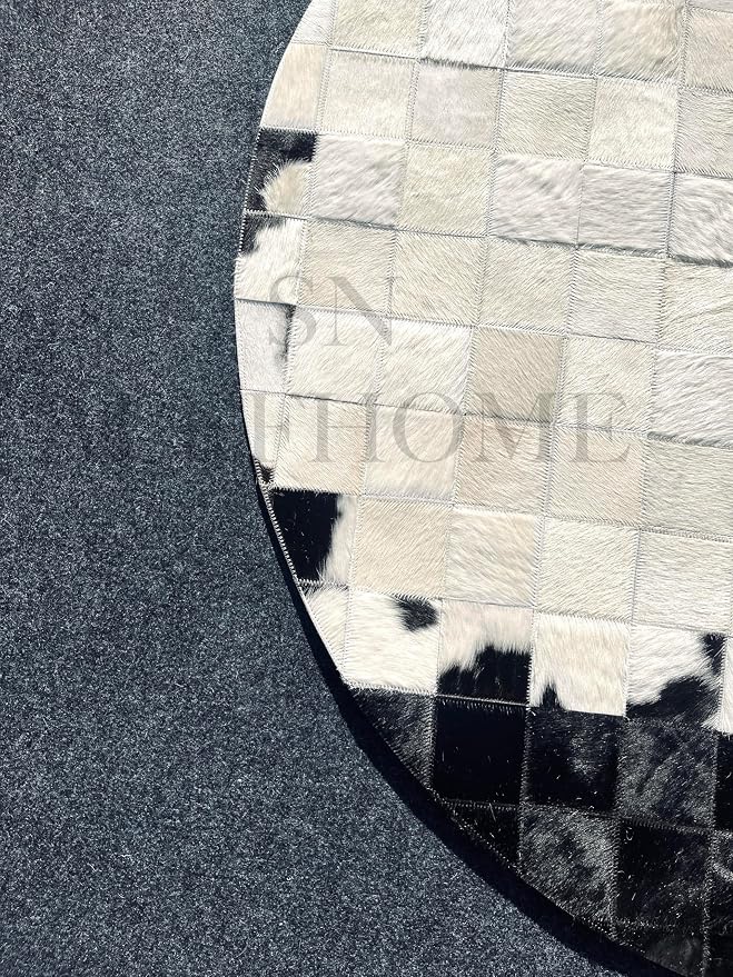 Round Geometric Patchwork Cowhide Leather Area Rug – Non-Slip Modern Faux - Image 7