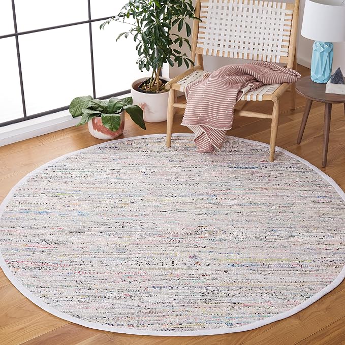 SAFAVIEH Rag Rug Collection 5' Round Ivory/Multi RAR121G Handmade Boho Stripe - Image 3