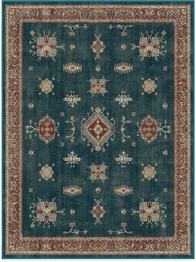RUGGABLE Washable Vintage Area Rug – Verena Teal Blue 9x12, Stain-Resistant - Image 3