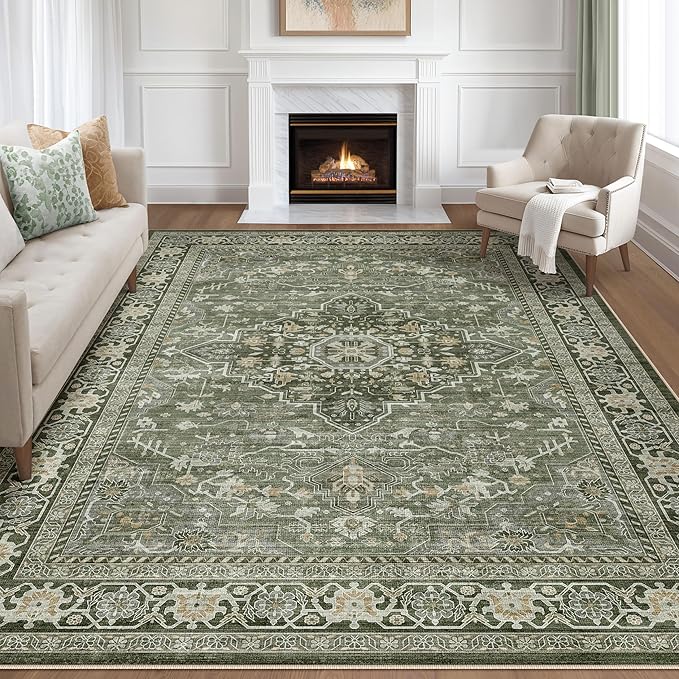 10x12 Area Rug Living Room: Washable Boho Large Neutral Vintage Soft Rugs Stain by LOONGRUG