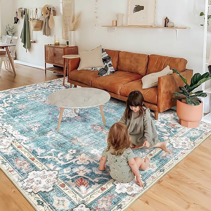 MUJOO Teal Rug 6'x9' Area Rugs for Living Room Washable Rugs Large Boho Carpet - Image 2