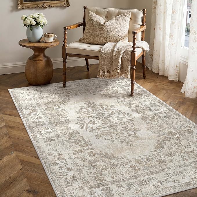3x4 Area Rug Beige Washable Office Vintage Distressed Carpet Bedroom Indoor by PureCozy