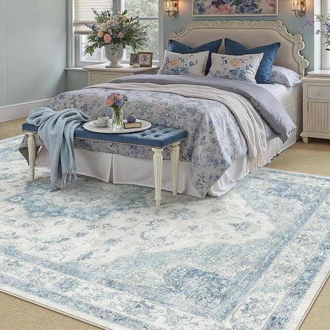 Blue Area Rug 6x9 Washable Vintage Carpet - Image 6