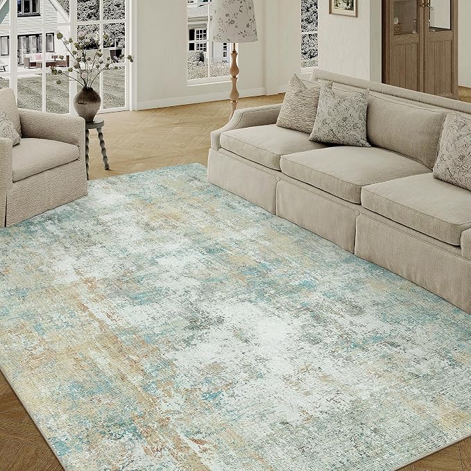 6x9 Washable Area Rug Teal Beige Abstract Living Room Bedroom Carpet Neutral - Image 5