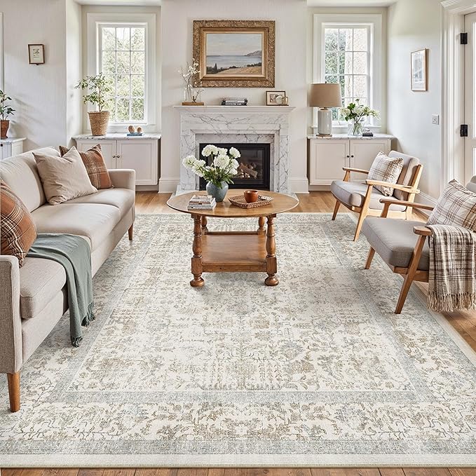 Taupe Area Rug 6x9 Machine Washable Vintage Living Room Distressed Non Slip - Image 5
