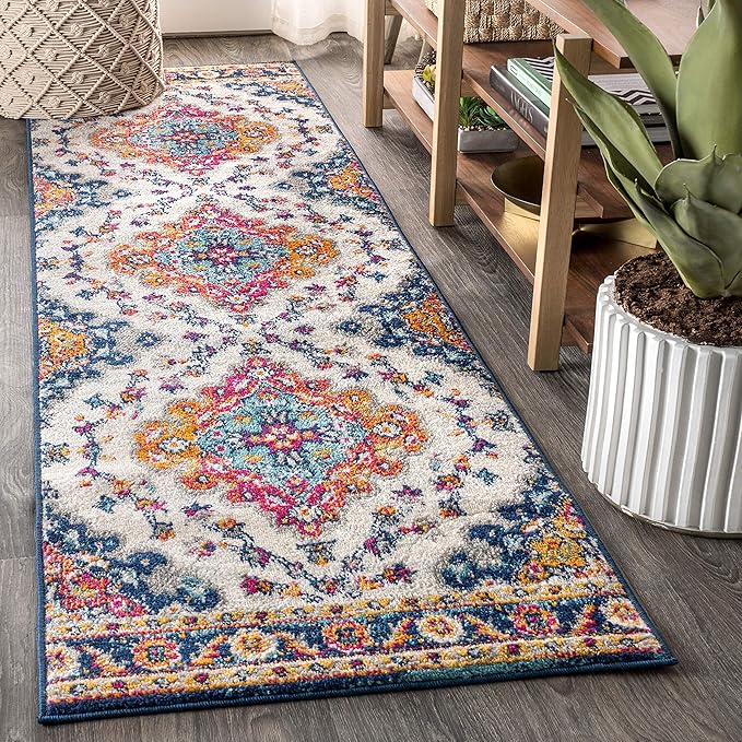 JONATHAN Y Boho Vintage Blue/Multi Runner Rug, Bohemian Flair Medallion by JONATHANY