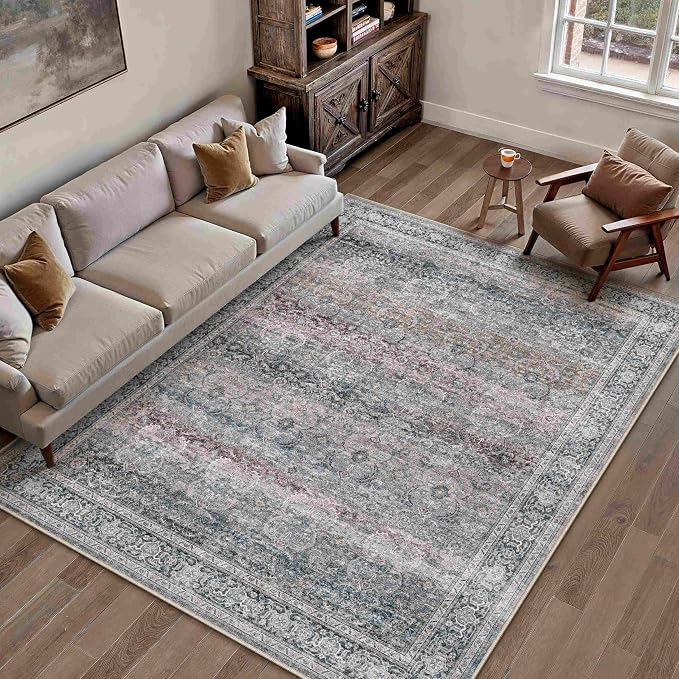 HUGEAR 6x9 Washable Area Rug Purple Vintage Neutral Distressed Carpet Living - Image 3