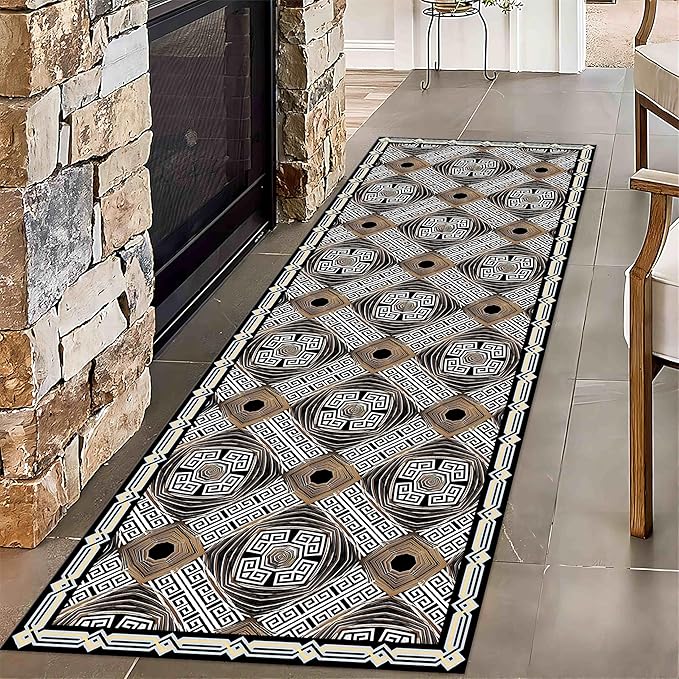 Abstract Black White Geometric Runner Rug, Luxury Greek Key Rugs by Unknown