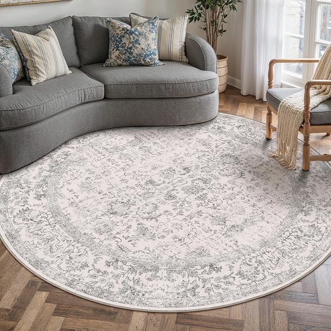 Grey Round Area Rug 4ft Entryway Door Mat Small Circle 4x4 Kitchen Vintage - Image 6