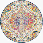 Livabliss Area Rugs - 8ft Round Romaine Vintage Boho Fuchsia Mustard Blue Round by Livabliss