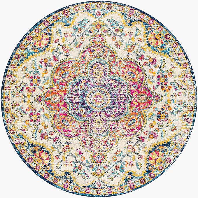 Livabliss Area Rugs - 8ft Round Romaine Vintage Boho Fuchsia Mustard Blue Round by Livabliss
