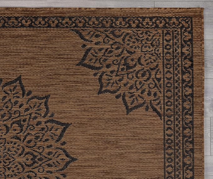 CAMILSON Outdoor Rug, 9x12 Medallion Nut Brown Black Modern Area Rugs - Image 4