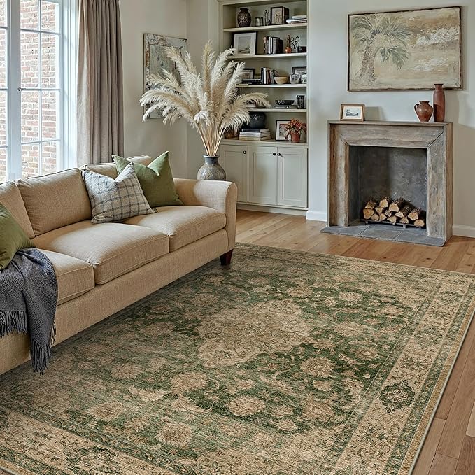 HUGEAR Retro Green Area Rug 8x10 Machine Washable Living Room Rugs Distressed - Image 4