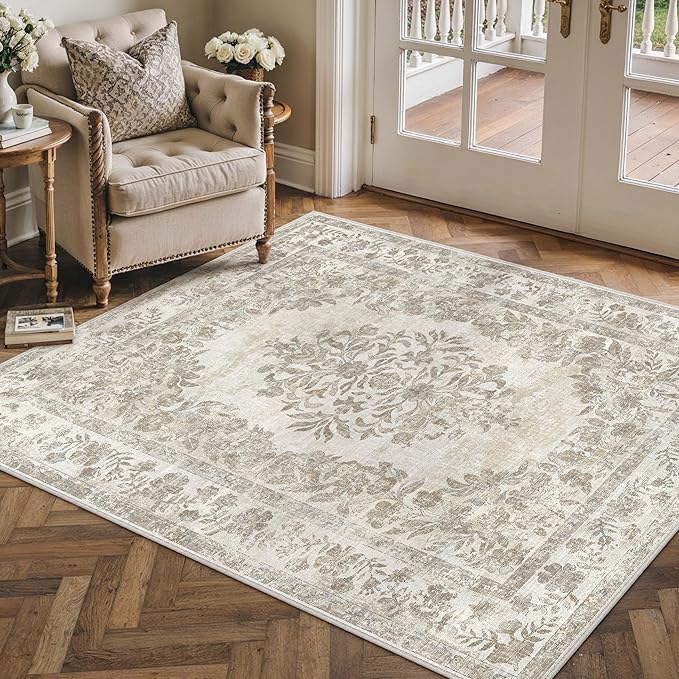 4x5 Area Rug Beige Washable Office Vintage Distressed Carpet Bedroom Indoor - Image 4