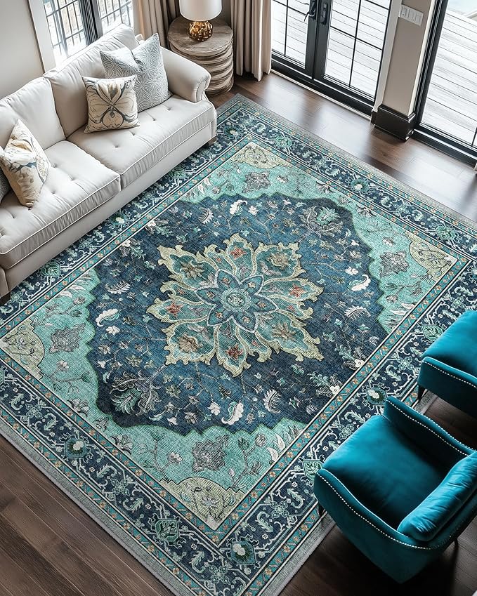 Area Rugs 6'x8' Washable Non-Slip, Floral Vintage Distress Print Pattern by RELEANY