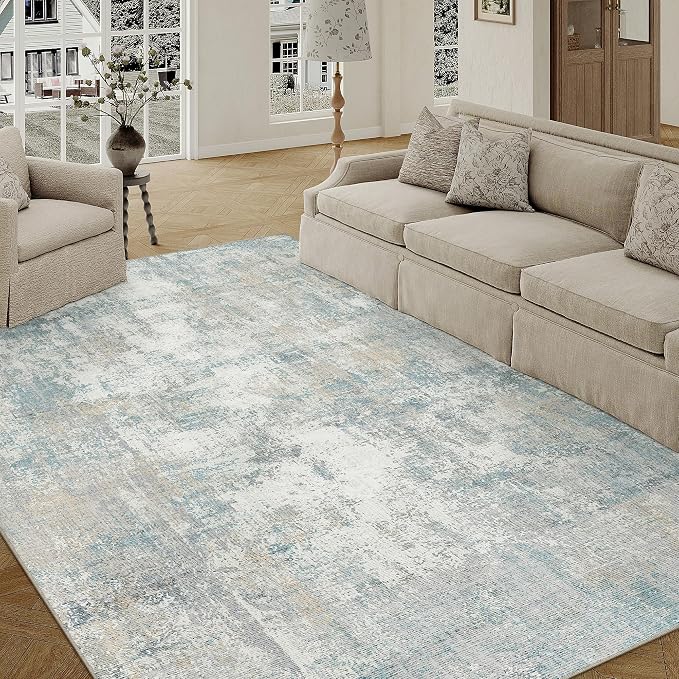 5x7 Washable Area Rug Blue Cream Abstract Living Room Bedroom Carpet Neutral - Image 5