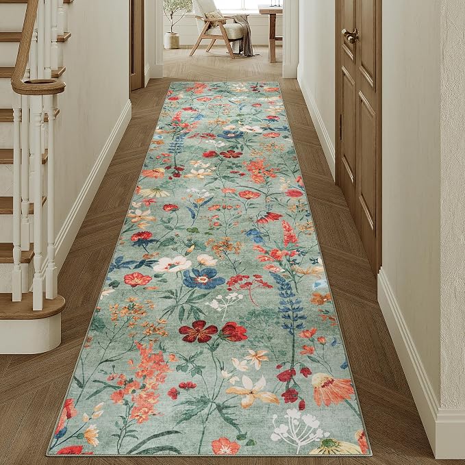 Floral Runner Rug 2x12 Washable Hallway Long Green Bedroom Carpet Non Slip - Image 5