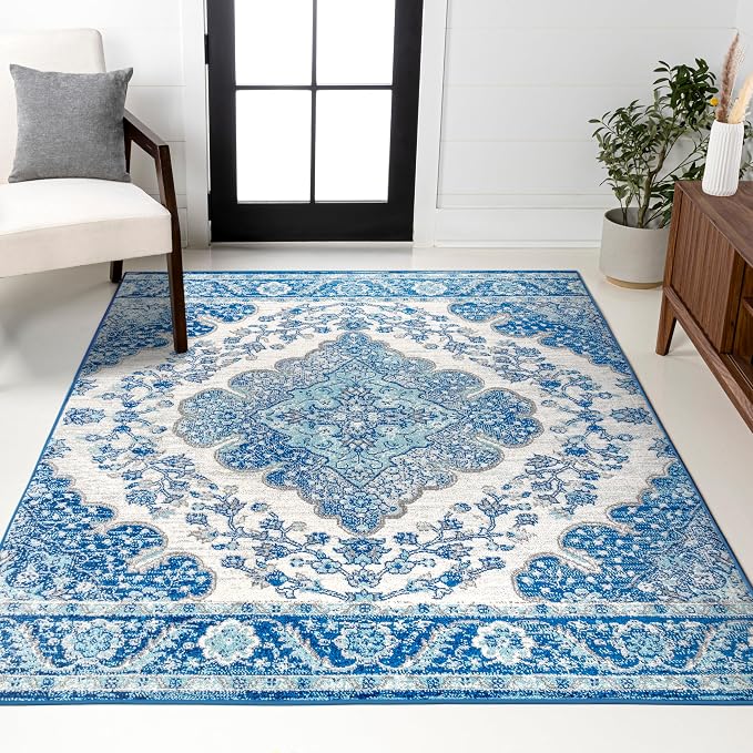 JONATHAN Y Boho Vintage Cream/Blue Indoor Area Rug, Bohemian Flair Medallion by JONATHANY