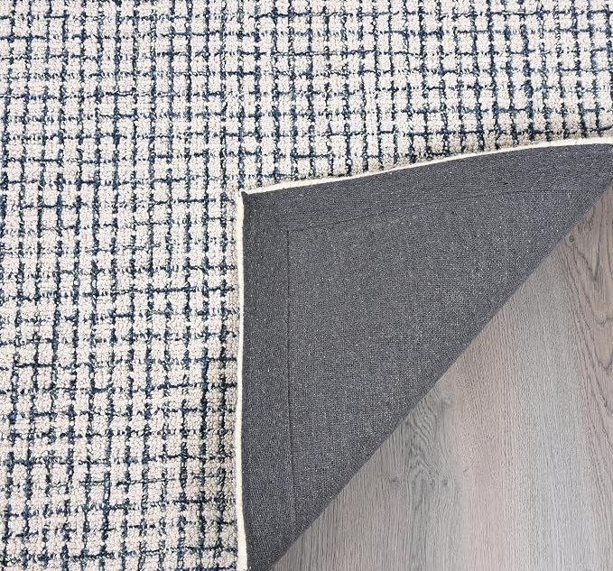 Hand-Tufted 100% Wool Pile Area Rug – Geometric Textured Grid Check Pattern – - Image 4